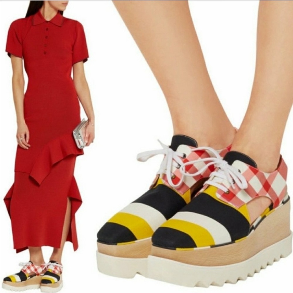 Stella McCartney Elyse Wood Platform Check Pattern Cut-out Platform Oxfo…